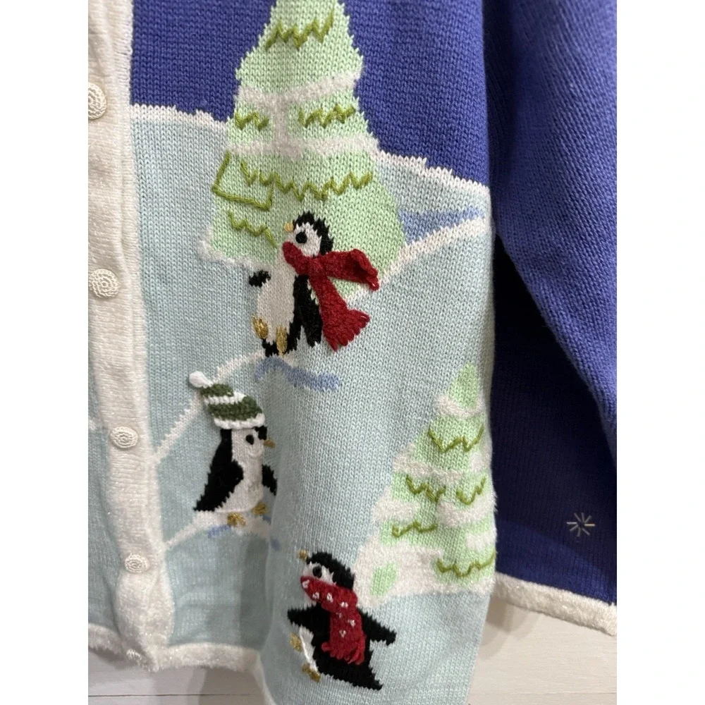 NWT Storybook Knits Winter Polar Bear Penguin Theme Knit Button Up Sweater Large